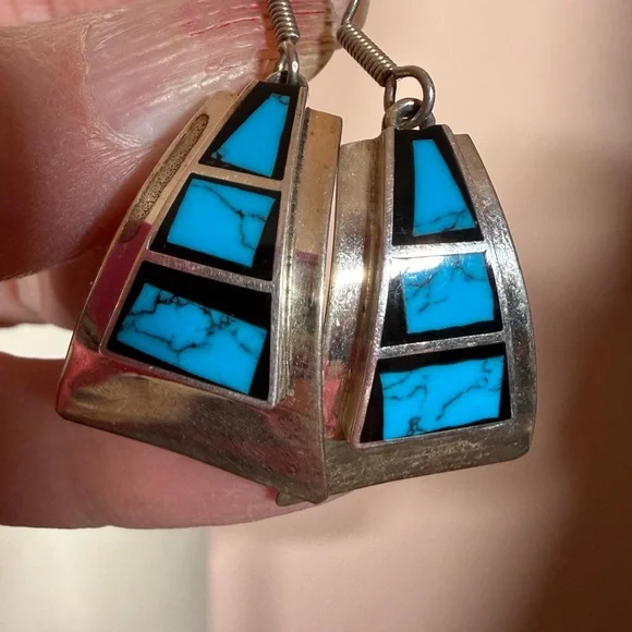 Taxco Vintage sterling silver turquoise southwestern oversized earrings - Picture 16 of 17